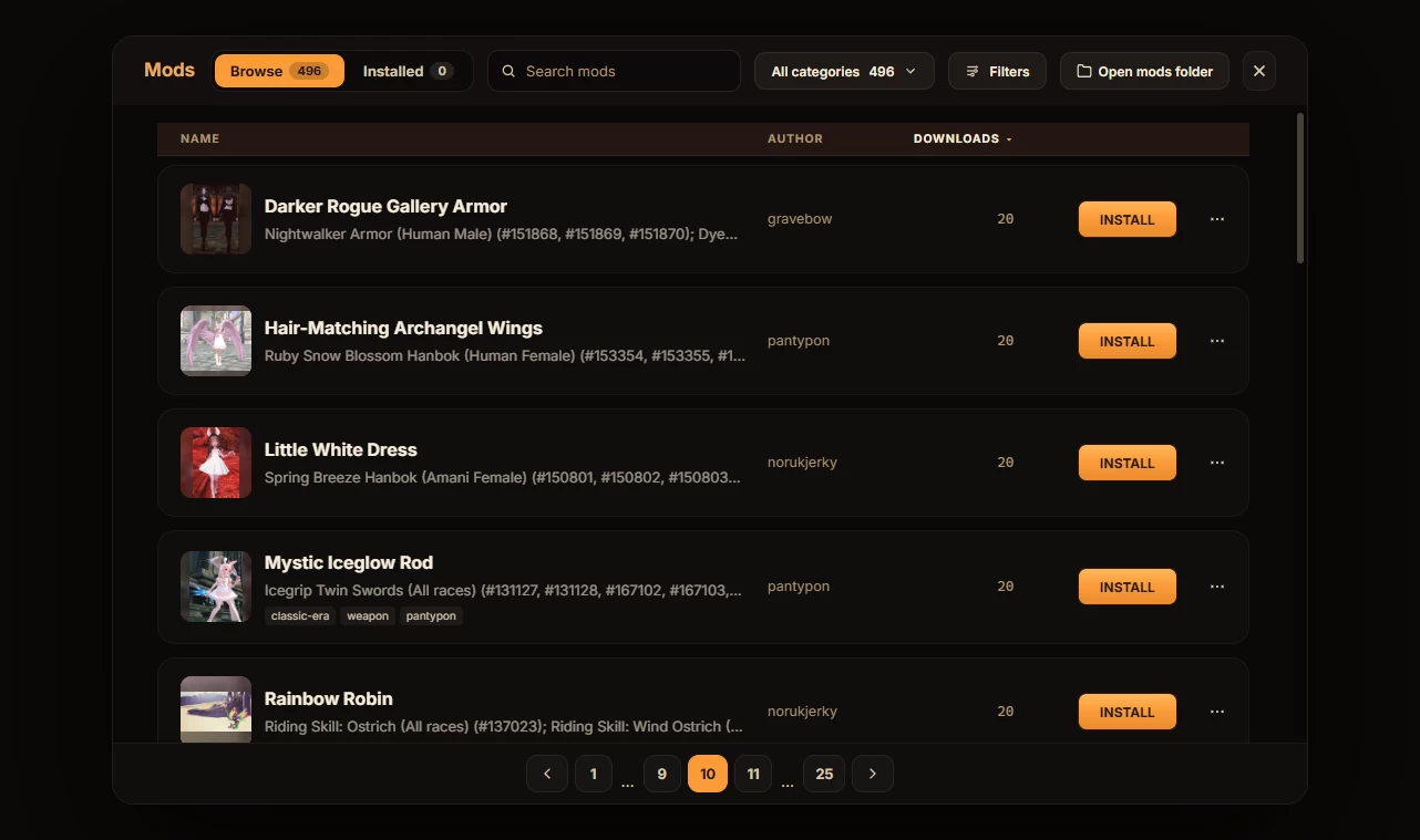 The Phoenix launcher's mod browser, listing installable visual mods