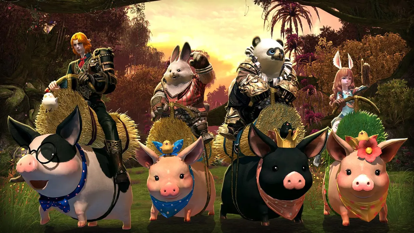 Four adventurers riding decorated piglings